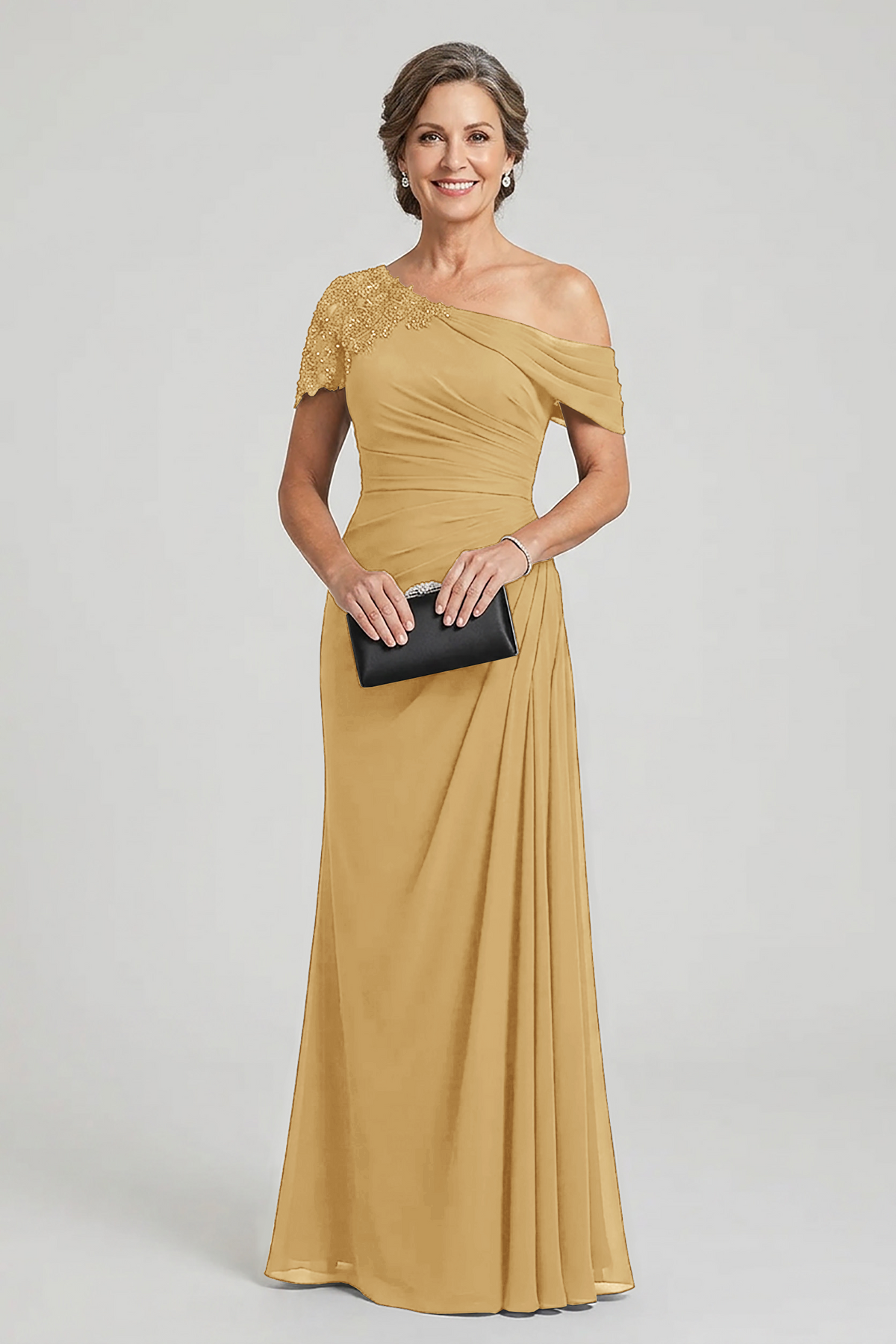 Black One-Shoulder Beaded Ruched Chiffon Mother Dresses