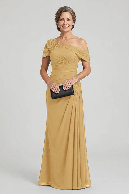 Black One-Shoulder Beaded Ruched Chiffon Mother Dresses
