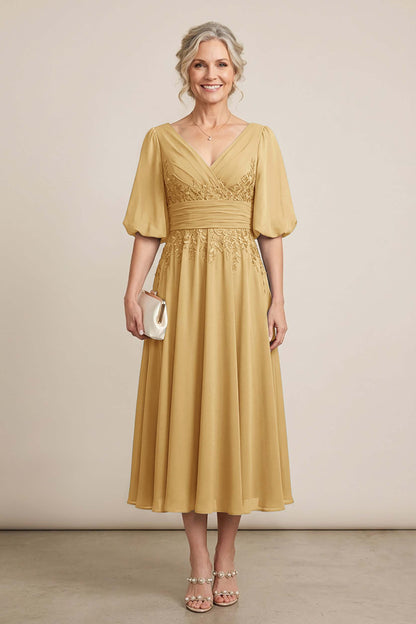 Dusty Blue V-Neck Lace Chiffon Tea-Length Mother Dresses