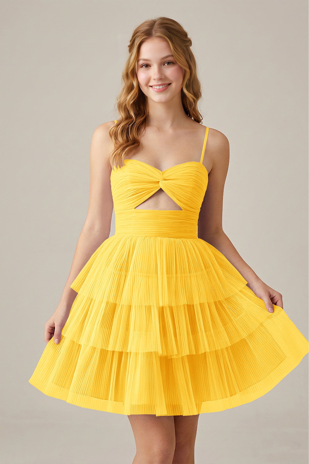Olive Green Sleeveless Pleated Tulle Cutout Tiered Homecoming Dresses