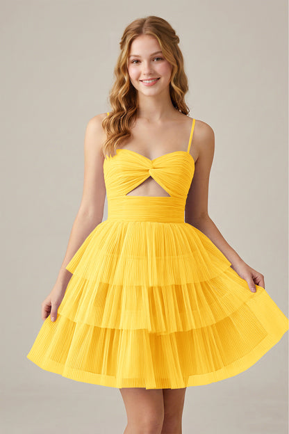 Olive Green Sleeveless Pleated Tulle Cutout Tiered Homecoming Dresses