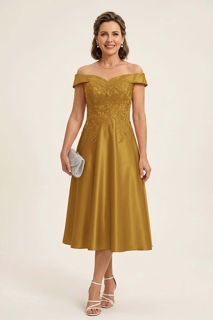 Peach Pink Off Shoulder Imitation Stretch Satin Tea-Length Mother Dresses