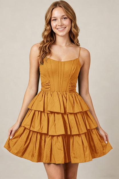 Spaghetti Straps Black Taffeta Tiered Mini Homecoming Dresses