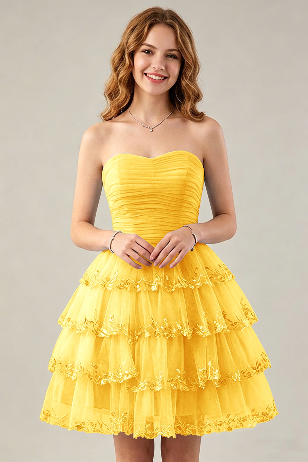 Strapless Light Blue Tulle Tiered Homecoming Dresses with Beaded Lace Trim