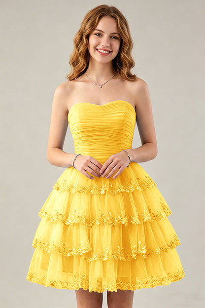 Strapless Light Blue Tulle Tiered Homecoming Dresses with Beaded Lace Trim