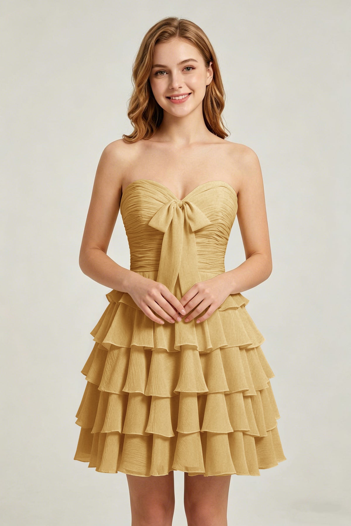 Strapless Yellow Chiffon Tiered Short Homecoming Dresses with Bow