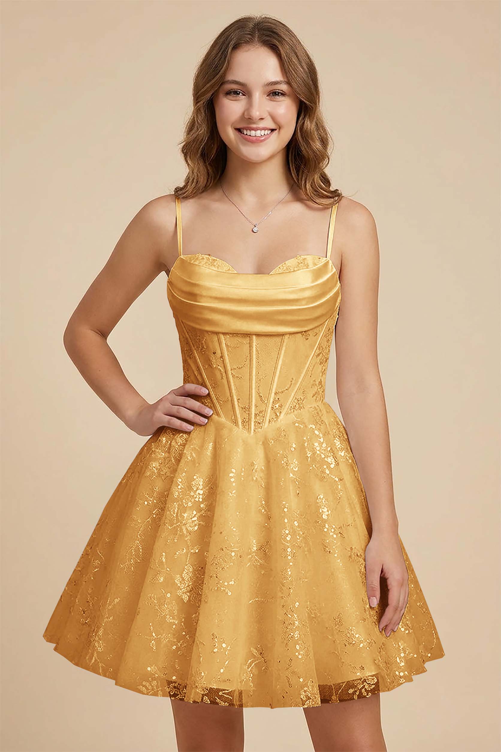 White Cowl Neck Sequin Satin Corset Homecoming Dresses