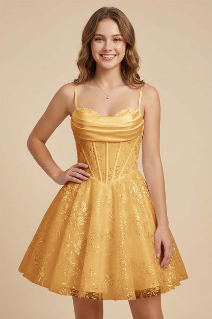 White Cowl Neck Sequin Satin Corset Homecoming Dresses