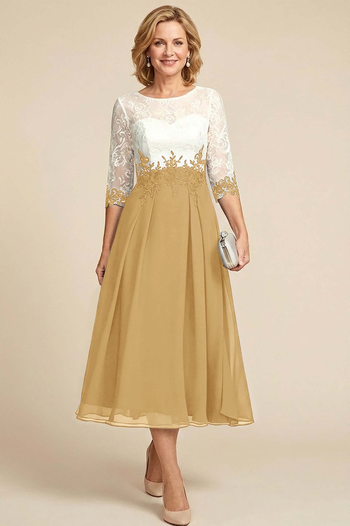 Navy Blue 3/4 Sleeve Two-Tone Lace Chiffon Mother Dresses