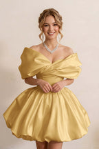 Ivory Off-the-Shoulder Bubble Hem Satin Homecoming Dresses