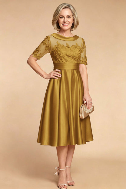 Champagne Imitation Stretch Satin Elbow Sleeve Tea-Length Mother Dresses