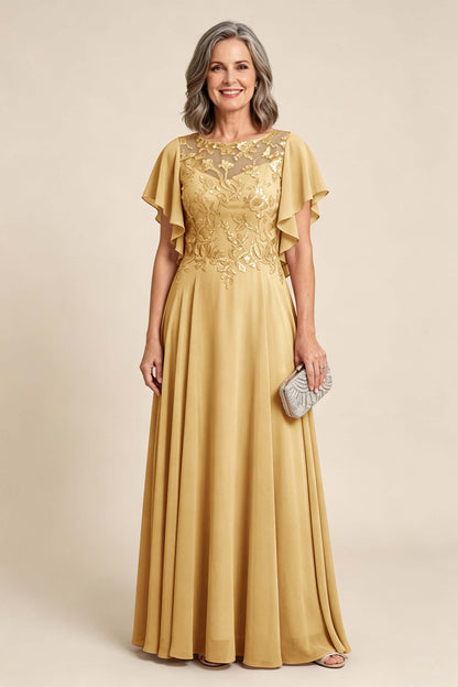 Lilac Scoop Neck Flutter Sleeve Lace Appliques Chiffon Mother Dresses