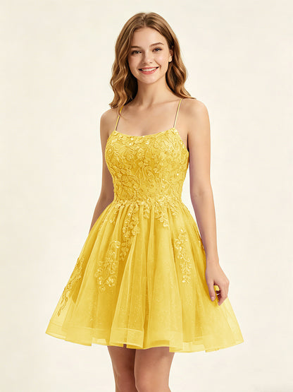 A Line Sequins Lilac Tulle Homecoming Dresses with Appliques