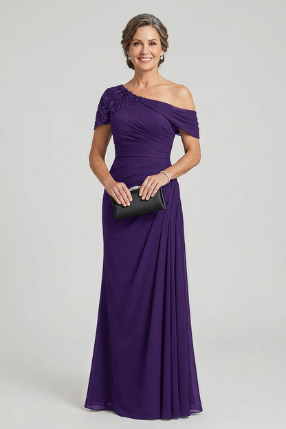 Black One-Shoulder Beaded Ruched Chiffon Mother Dresses
