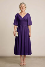 Dusty Blue V-Neck Lace Chiffon Tea-Length Mother Dresses