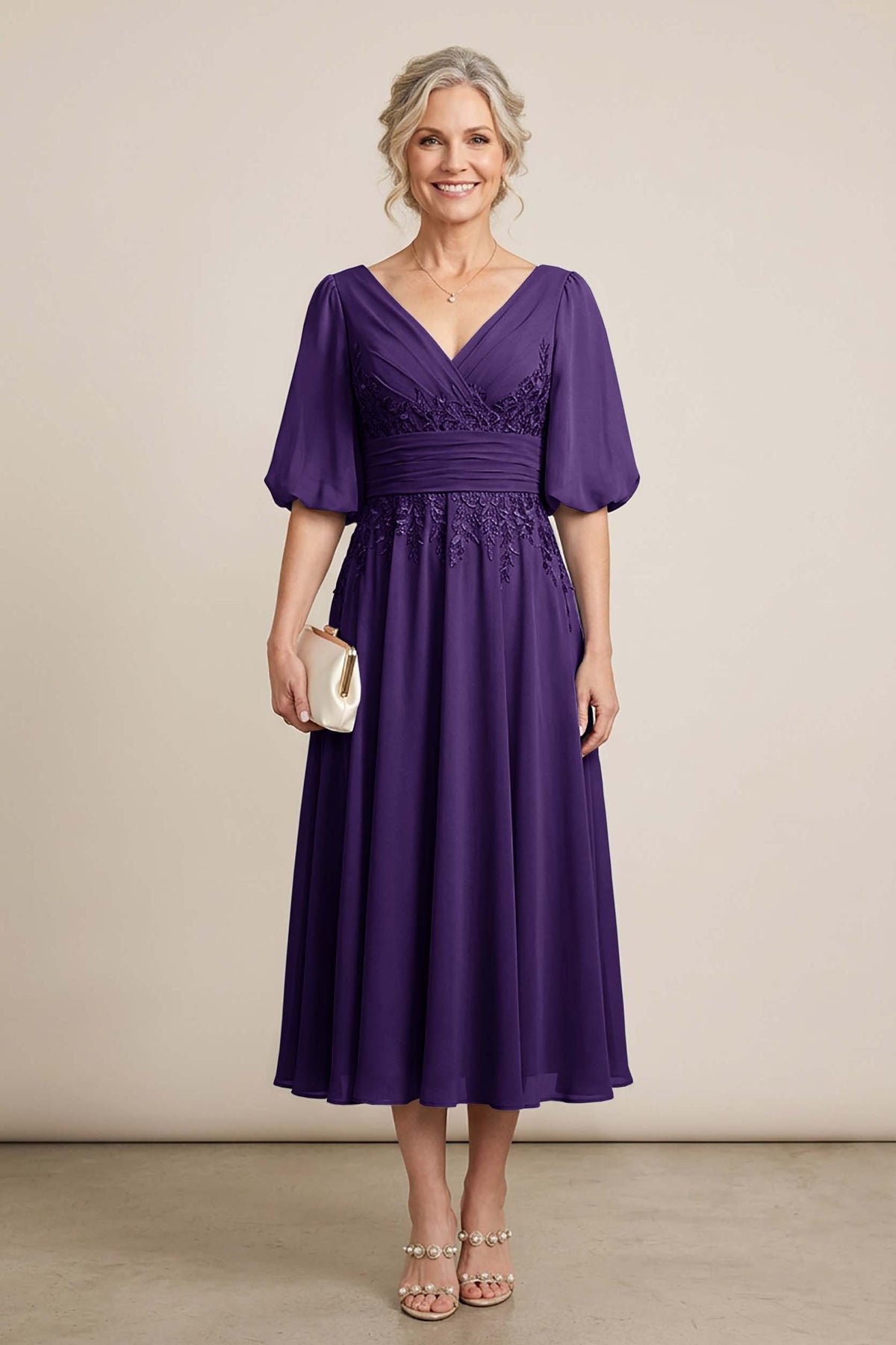 Dusty Blue V-Neck Lace Chiffon Tea-Length Mother Dresses