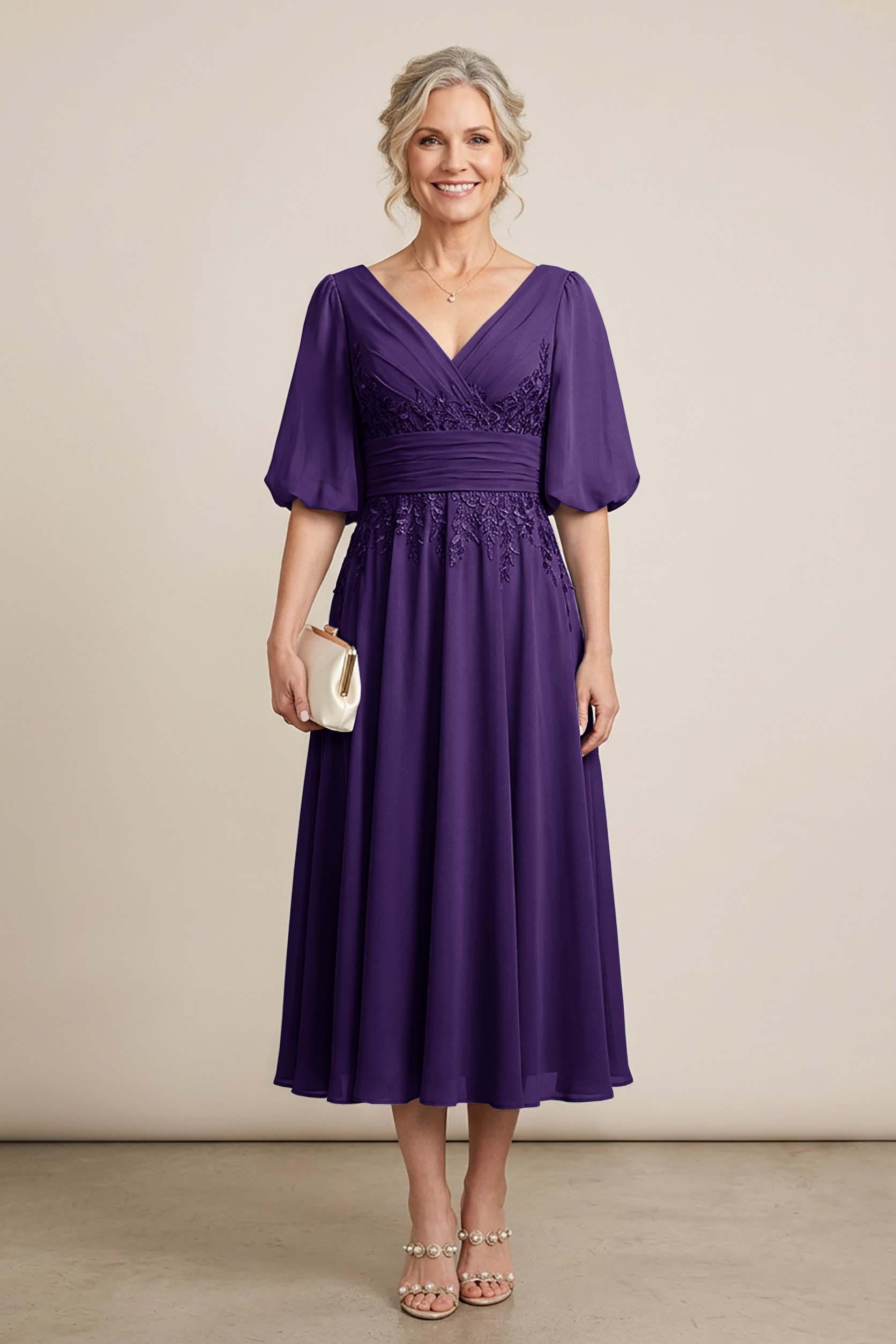 Dusty Blue V-Neck Lace Chiffon Tea-Length Mother Dresses