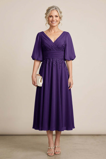 Dusty Blue V-Neck Lace Chiffon Tea-Length Mother Dresses