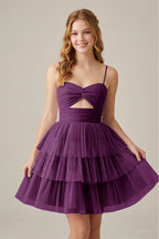 Olive Green Sleeveless Pleated Tulle Cutout Tiered Homecoming Dresses