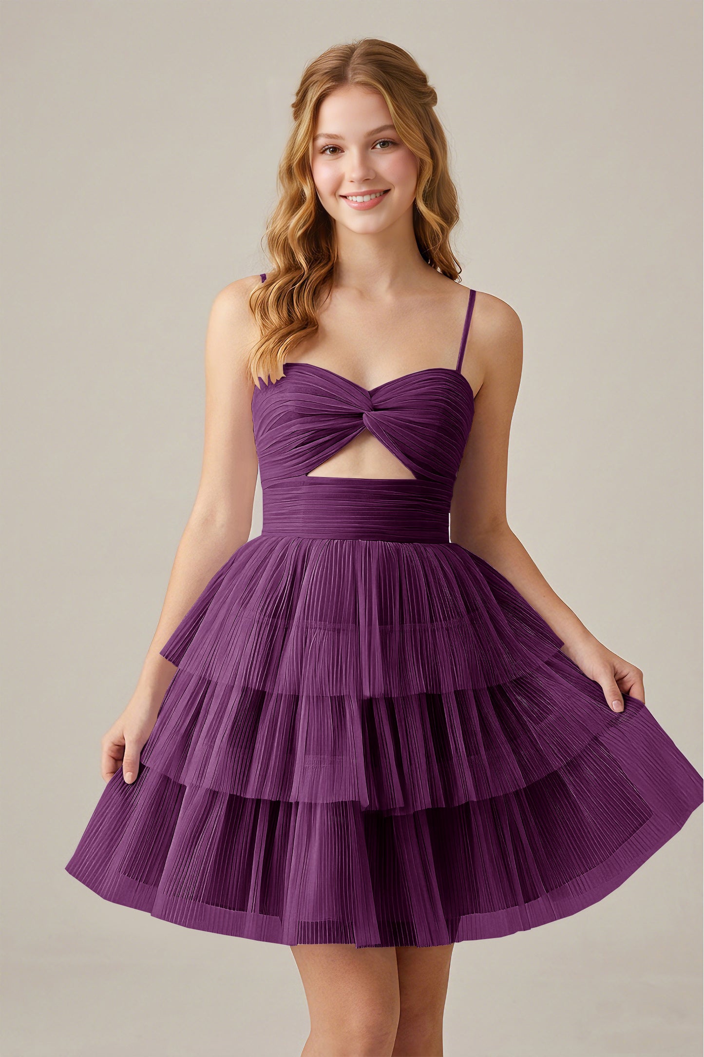 Olive Green Sleeveless Pleated Tulle Cutout Tiered Homecoming Dresses