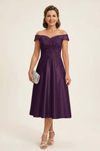 Peach Pink Off Shoulder Imitation Stretch Satin Tea-Length Mother Dresses