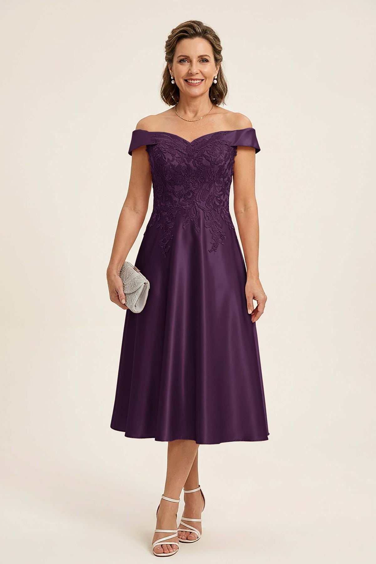 Peach Pink Off Shoulder Imitation Stretch Satin Tea-Length Mother Dresses