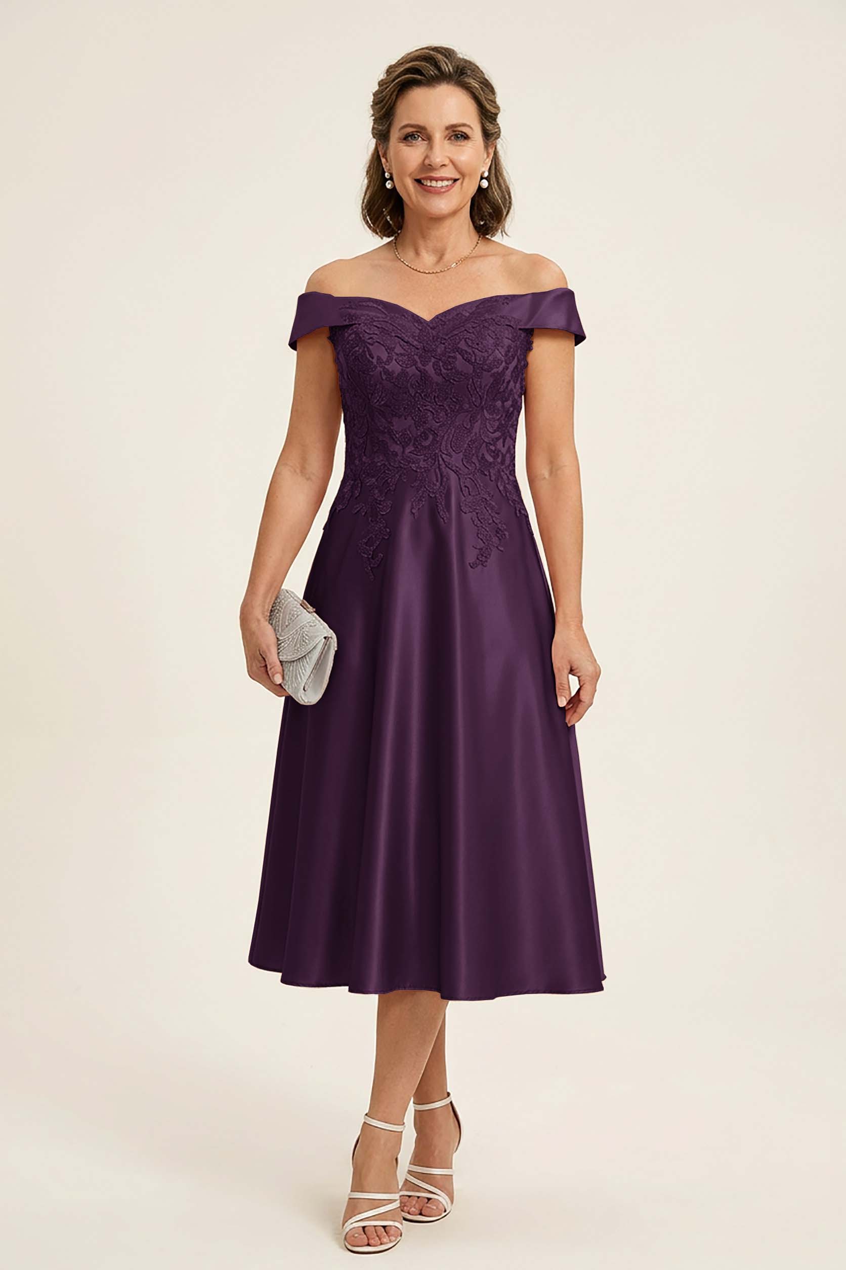Peach Pink Off Shoulder Imitation Stretch Satin Tea-Length Mother Dresses