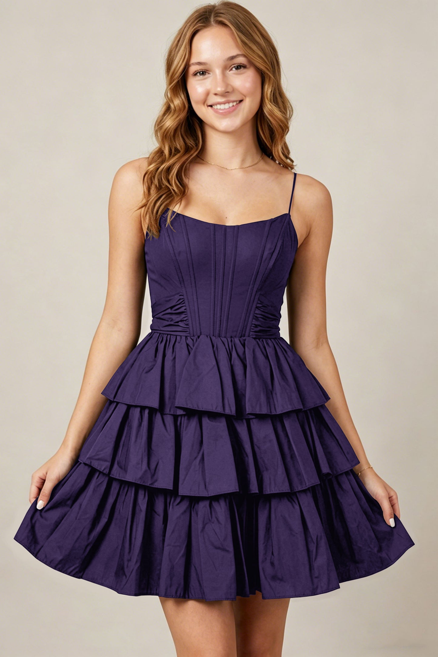 Spaghetti Straps Black Taffeta Tiered Mini Homecoming Dresses
