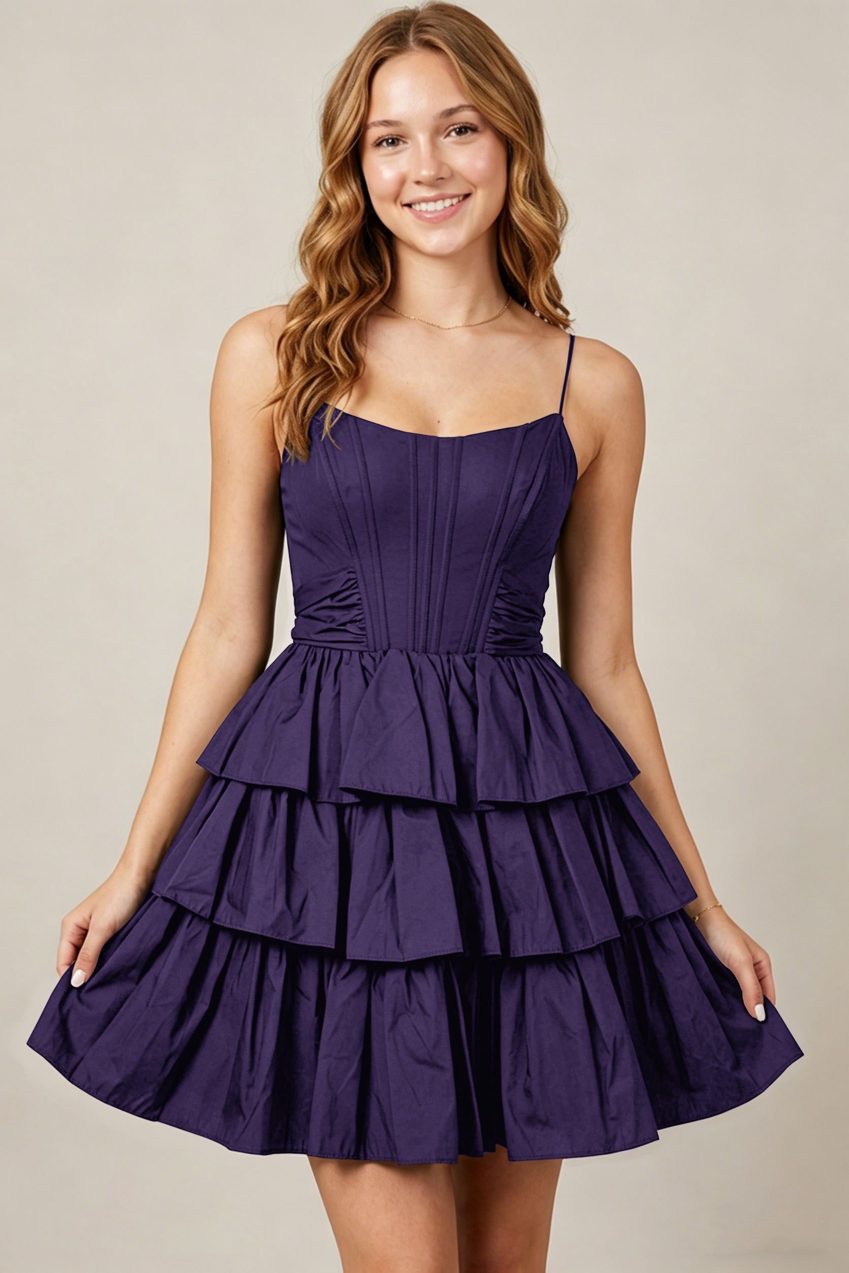 Spaghetti Straps Black Taffeta Tiered Mini Homecoming Dresses