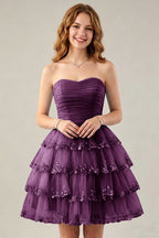 Strapless Light Blue Tulle Tiered Homecoming Dresses with Beaded Lace Trim