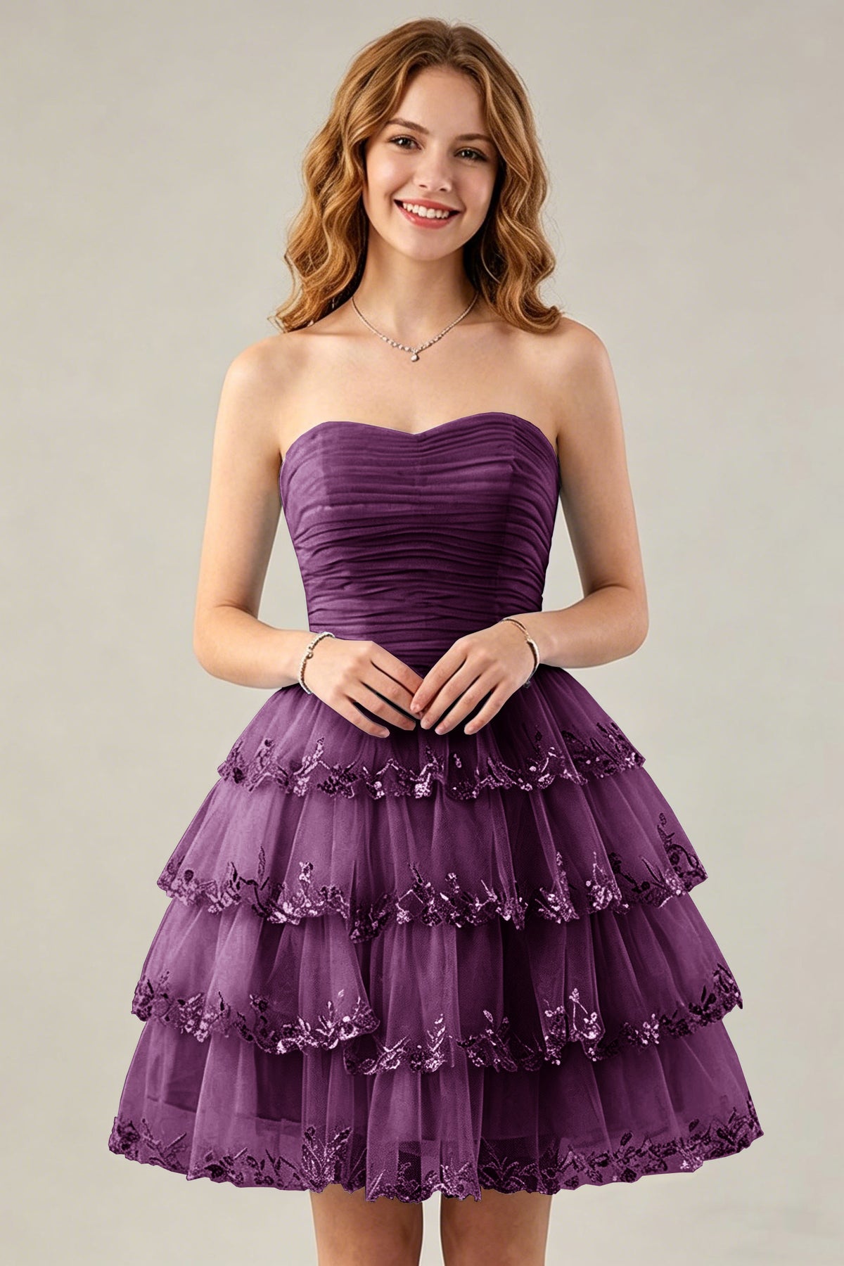 Strapless Light Blue Tulle Tiered Homecoming Dresses with Beaded Lace Trim