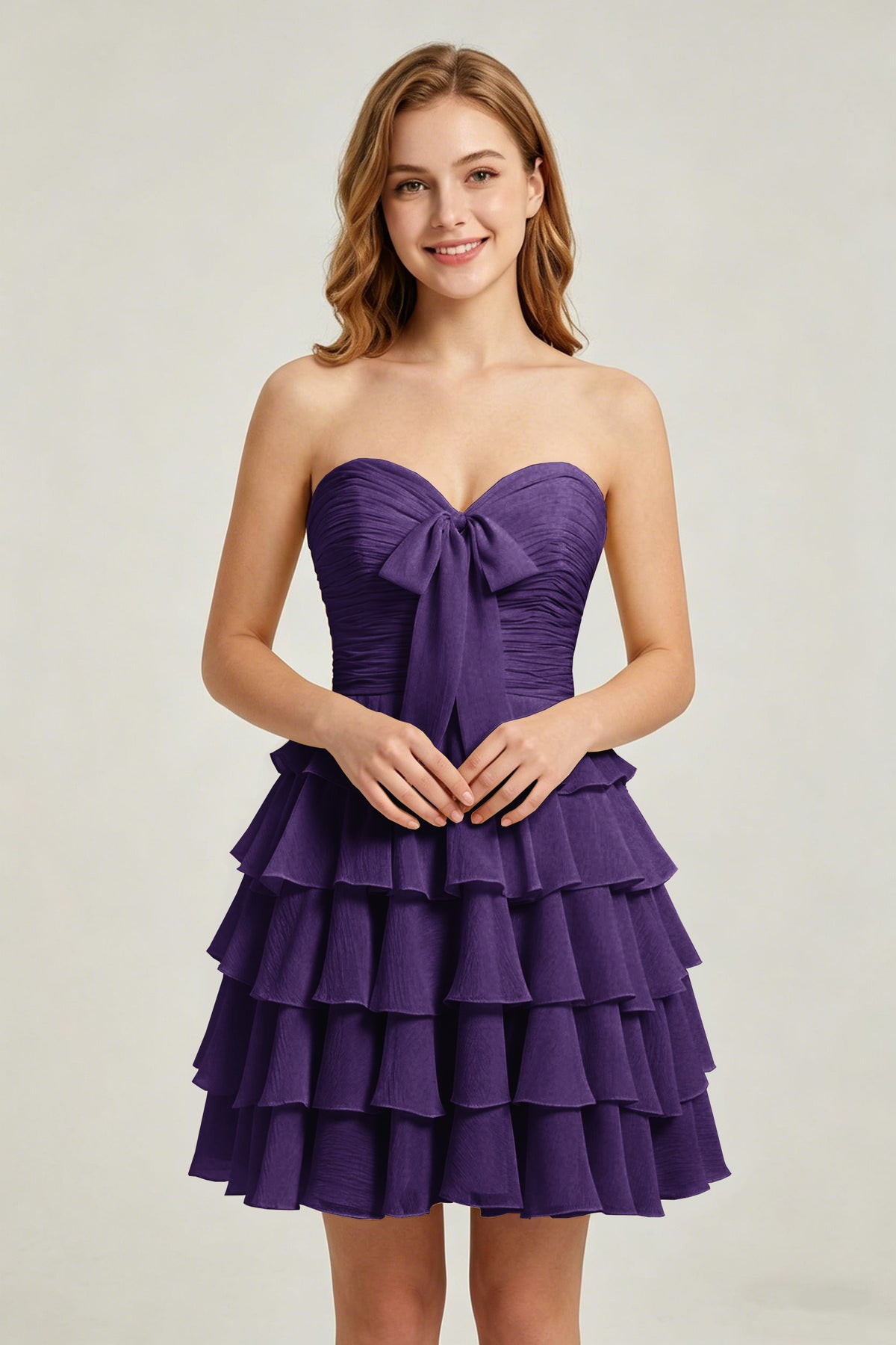 Strapless Yellow Chiffon Tiered Short Homecoming Dresses with Bow