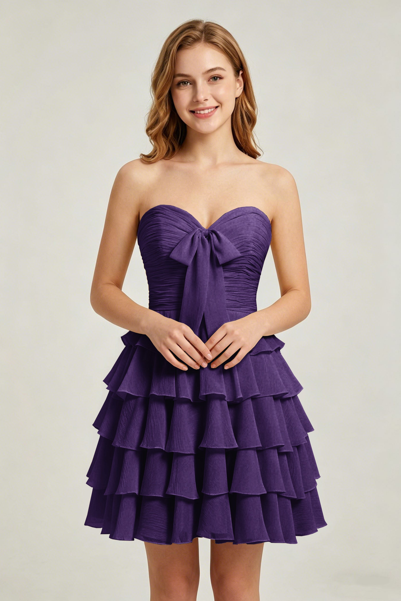 Strapless Yellow Chiffon Tiered Short Homecoming Dresses with Bow