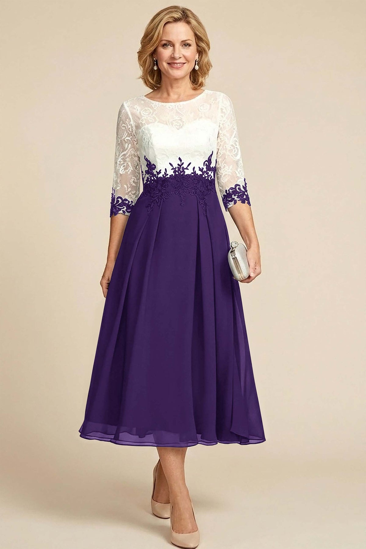 Navy Blue 3/4 Sleeve Two-Tone Lace Chiffon Mother Dresses