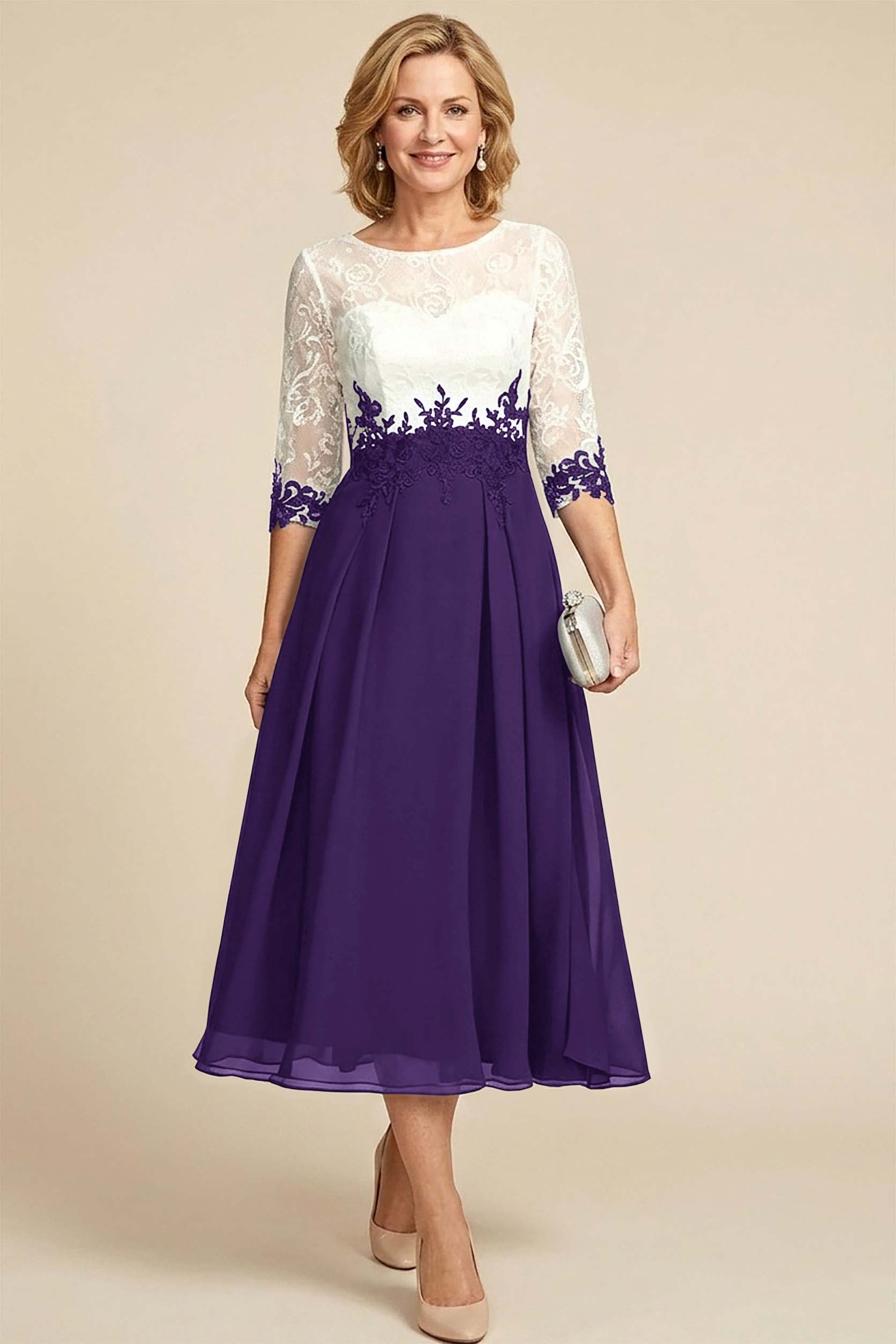 Navy Blue 3/4 Sleeve Two-Tone Lace Chiffon Mother Dresses