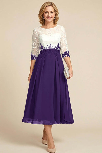 Navy Blue 3/4 Sleeve Two-Tone Lace Chiffon Mother Dresses