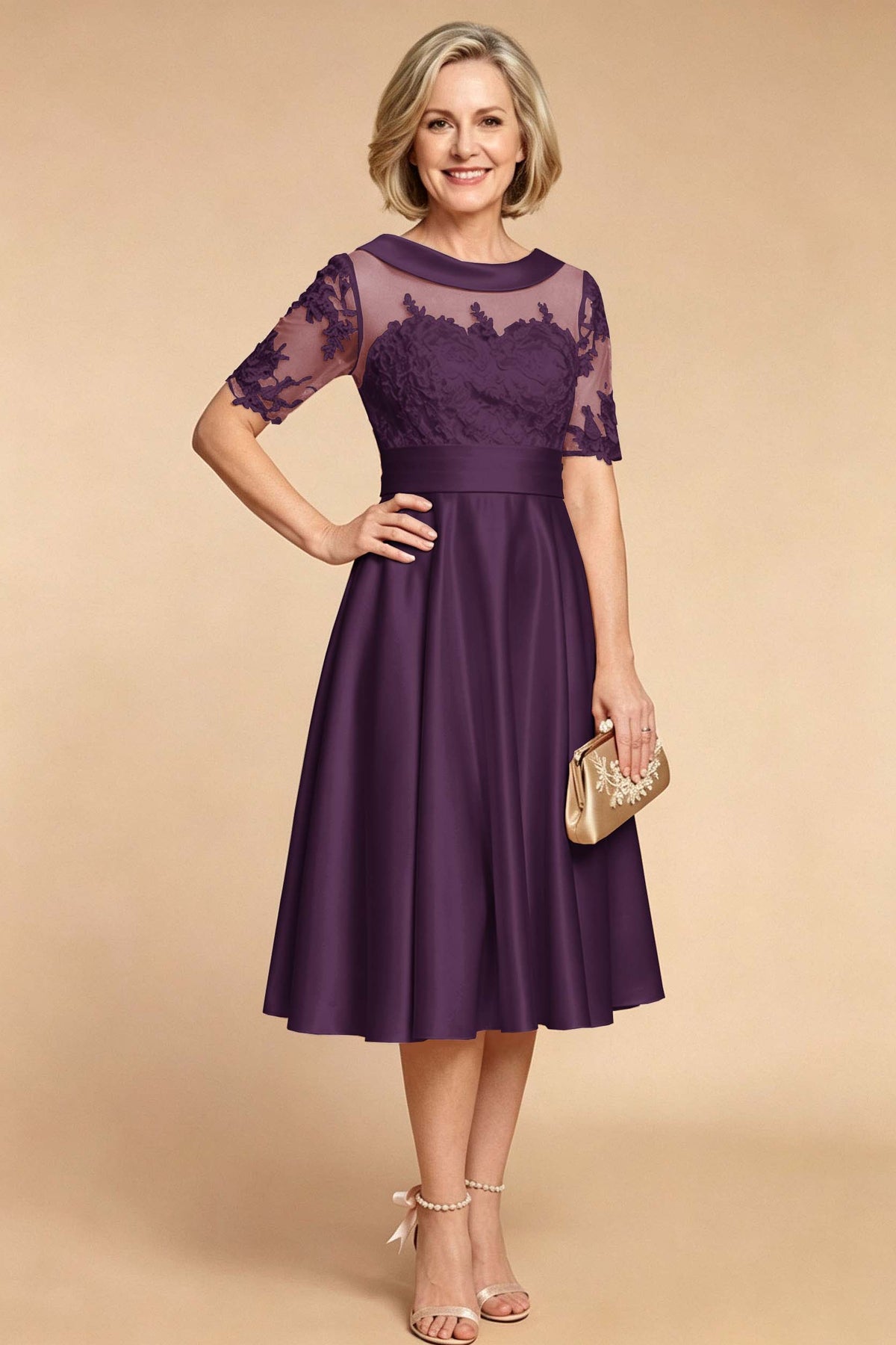 Champagne Imitation Stretch Satin Elbow Sleeve Tea-Length Mother Dresses