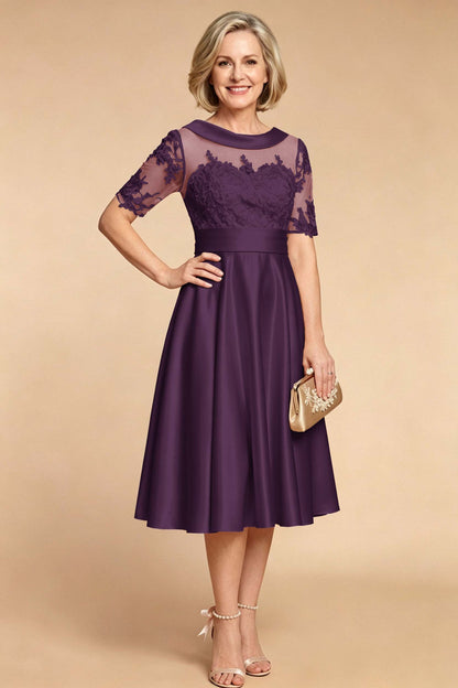 Champagne Imitation Stretch Satin Elbow Sleeve Tea-Length Mother Dresses
