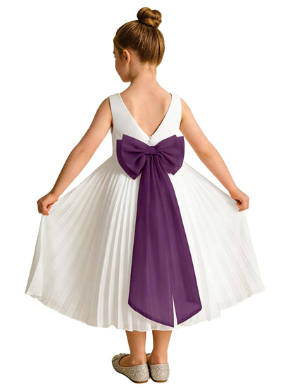 Elegant A-Line Pleated Chiffon Flower Girl Dress with Big Bow Sash