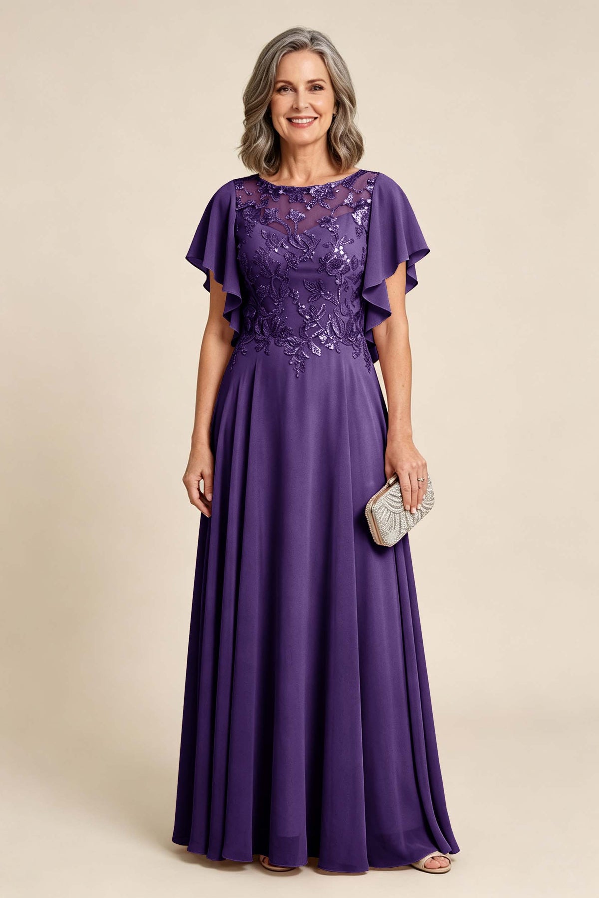 Lilac Scoop Neck Flutter Sleeve Lace Appliques Chiffon Mother Dresses