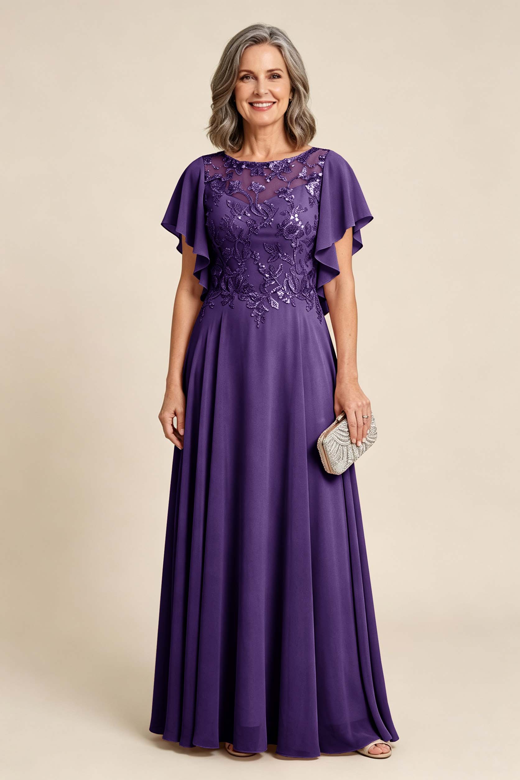 Lilac Scoop Neck Flutter Sleeve Lace Appliques Chiffon Mother Dresses