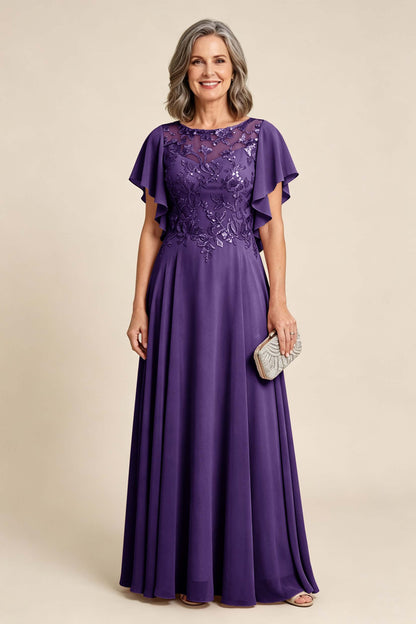 Lilac Scoop Neck Flutter Sleeve Lace Appliques Chiffon Mother Dresses