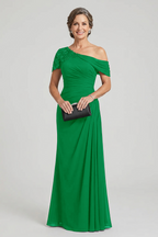 Black One-Shoulder Beaded Ruched Chiffon Mother Dresses