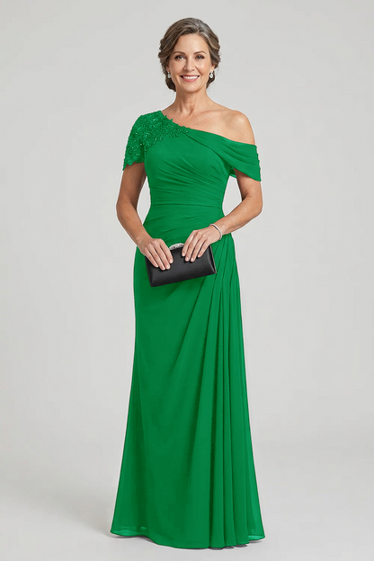 Black One-Shoulder Beaded Ruched Chiffon Mother Dresses