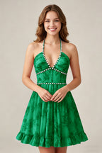 Crystal Halter Neck Blush Pink Floral Chiffon Mini Homecoming Dresses