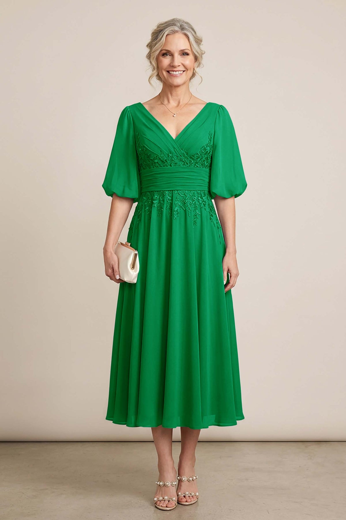 Dusty Blue V-Neck Lace Chiffon Tea-Length Mother Dresses