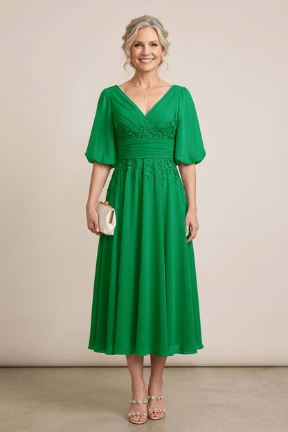 Dusty Blue V-Neck Lace Chiffon Tea-Length Mother Dresses