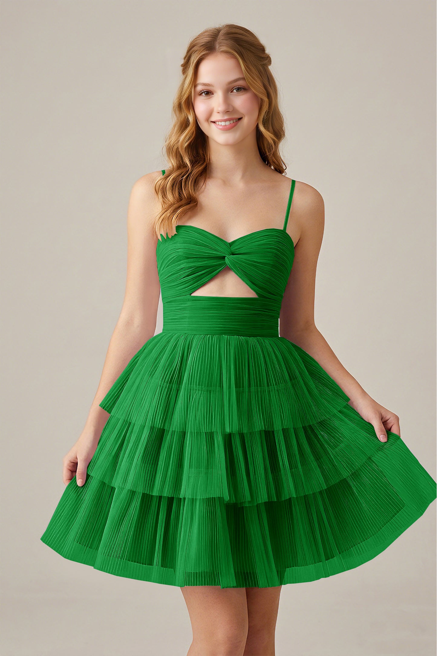 Olive Green Sleeveless Pleated Tulle Cutout Tiered Homecoming Dresses