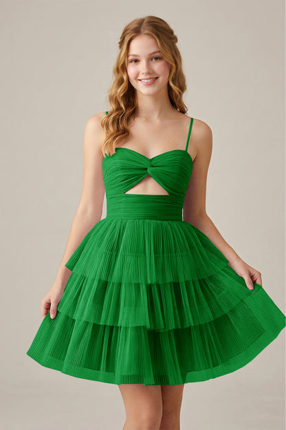Olive Green Sleeveless Pleated Tulle Cutout Tiered Homecoming Dresses