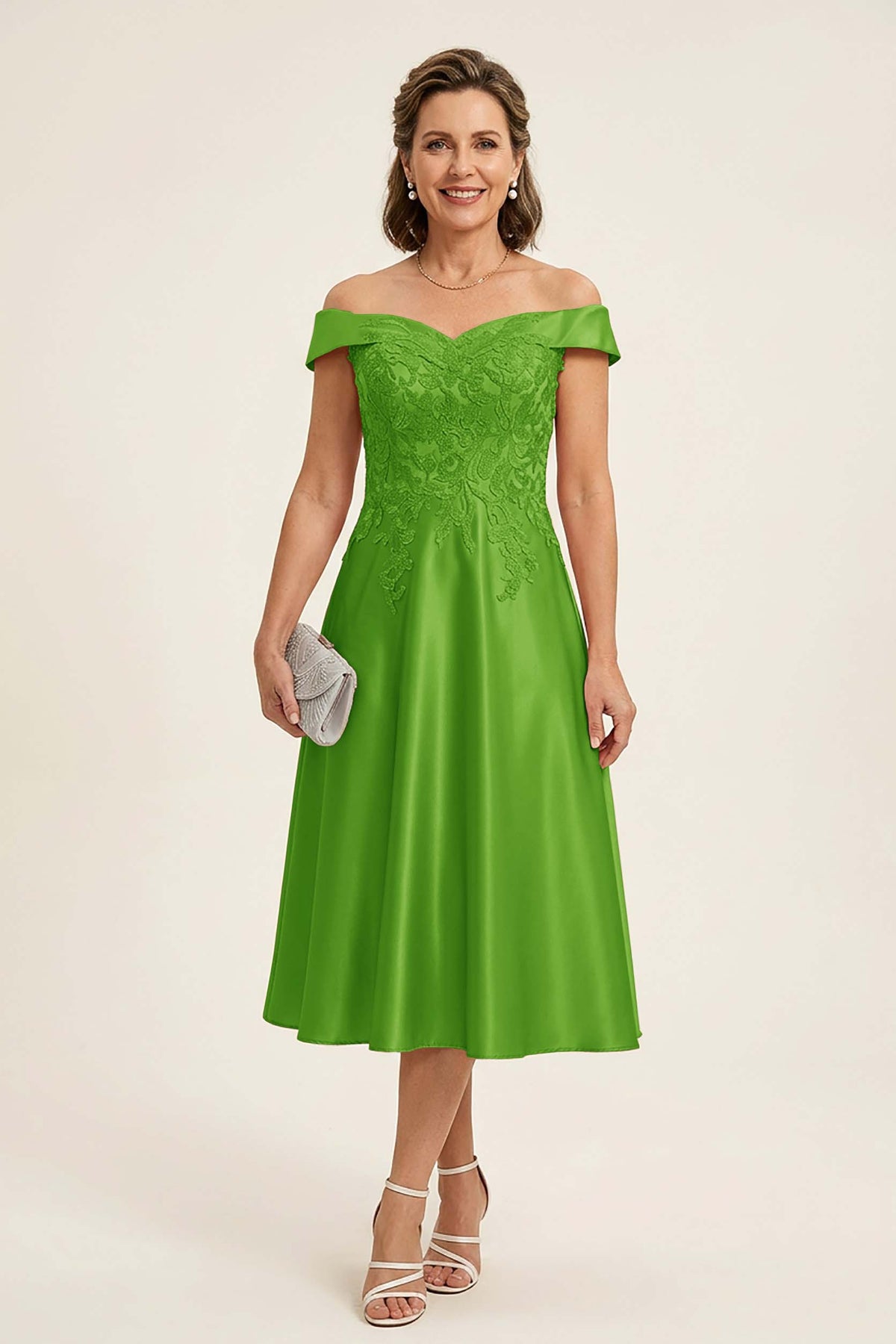 Peach Pink Off Shoulder Imitation Stretch Satin Tea-Length Mother Dresses